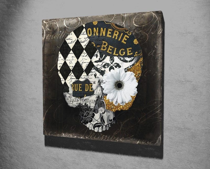 Canvastavla 45x45 cm - Dödskalle med blommor och geometriska mönster - Svart / Vitt / Gult - Inredning - Tavlor & konst - Canvastavlor