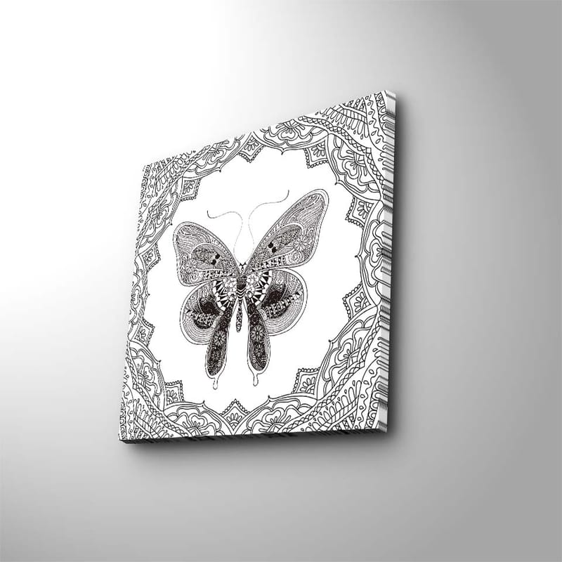 Canvastavla 45x45 cm - Detaljerad fjäril i svart och vitt med ornamentala mönster - Svart / Vitt - Inredning - Tavlor & konst - Canvastavlor