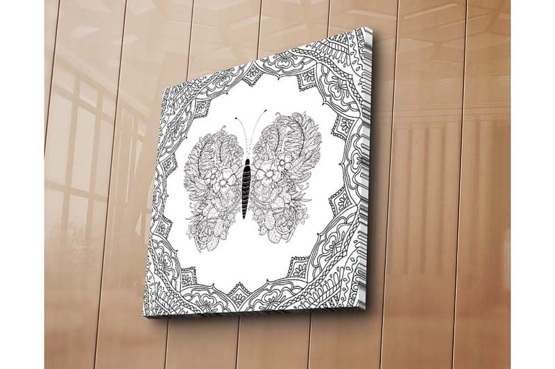 Canvastavla 45x45 cm - Detaljerad fjäril med blommönster i symmetrisk komposition - Svart / Vitt - Inredning - Tavlor & konst - Canvastavlor