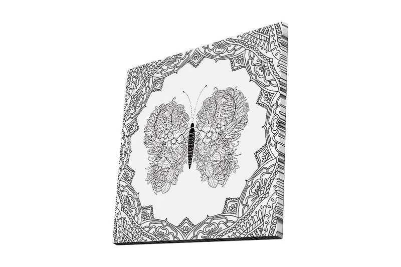 Canvastavla 45x45 cm - Detaljerad fjäril med blommönster i symmetrisk komposition, Svart / Vitt