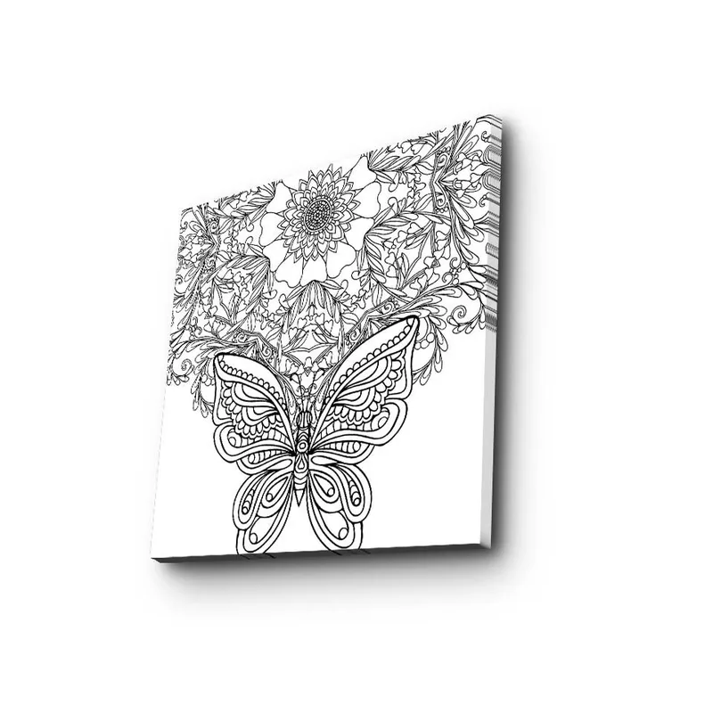 Canvastavla 45x45 cm - Detaljerad fjäril omgiven av blommor och mönster - Svart / Vitt - Inredning - Tavlor & konst - Canvastavlor