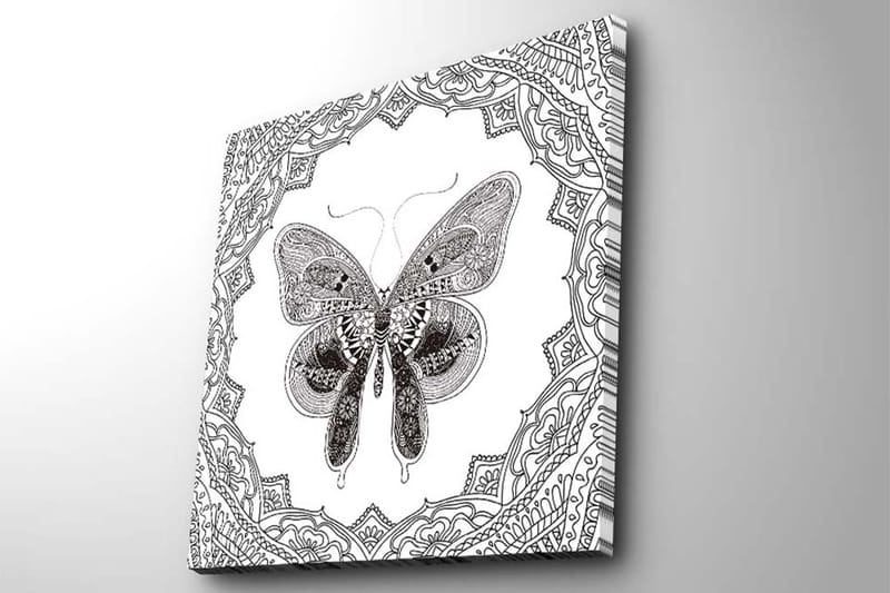 Canvastavla 45x45 cm - Detaljerad fjäril omgiven av ornamentala mönster - Svart / Vitt - Inredning - Tavlor & konst - Canvastavlor