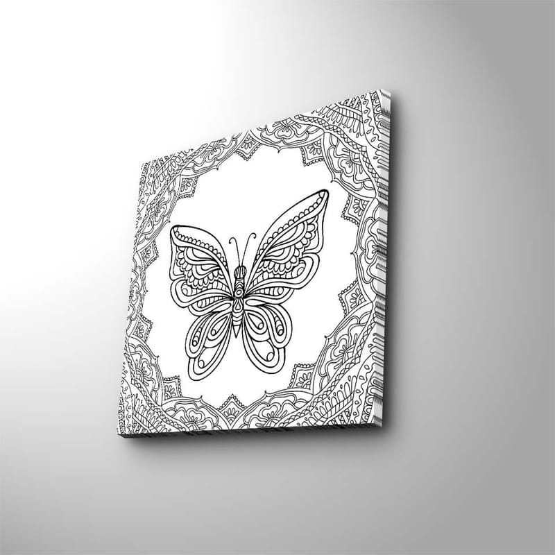 Canvastavla 45x45 cm - Detaljerad fjäril omgiven av ornamentala mönster - Svart / Vitt - Inredning - Tavlor & konst - Canvastavlor