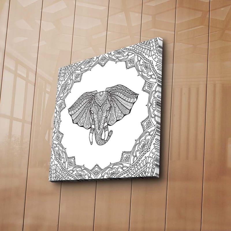 Canvastavla 45x45 cm - Detaljerad illustration av en elefant omgiven av ornamentala mönster - Svart / Vitt - Inredning - Tavlor & konst - Canvastavlor