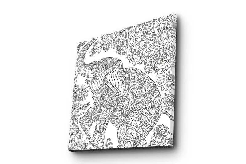 Canvastavla 45x45 cm - Detaljerad illustration av en elefant omgiven av växtlighet, Svart / Vitt