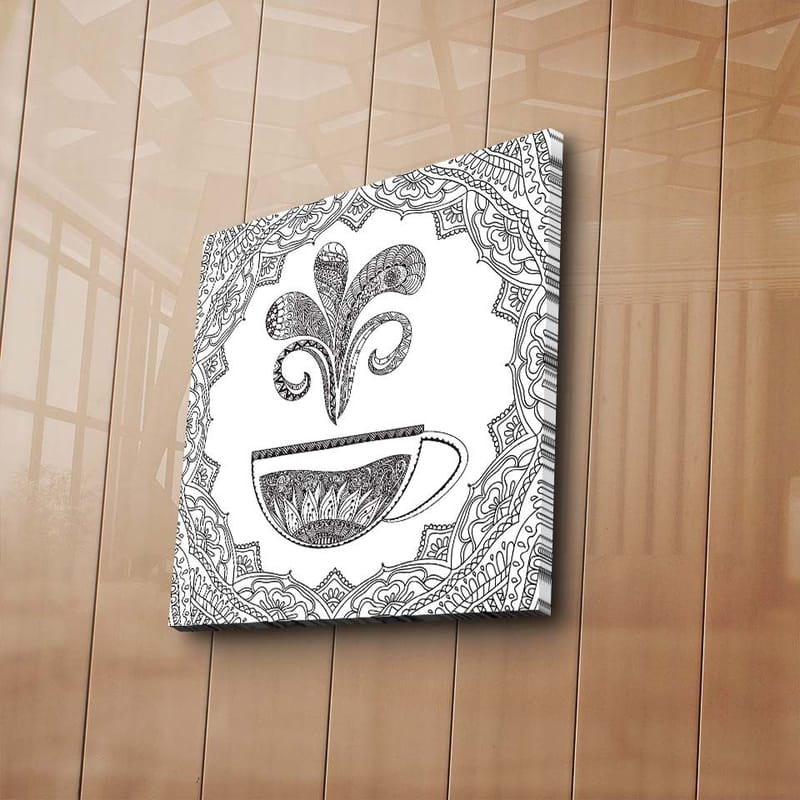 Canvastavla 45x45 cm - Detaljerad illustration av en kaffekopp med ångande mönster - Svart / Vitt - Inredning - Tavlor & konst - Canvastavlor