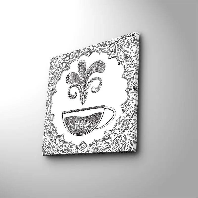 Canvastavla 45x45 cm - Detaljerad illustration av en kaffekopp med ångande mönster, Svart / Vitt
