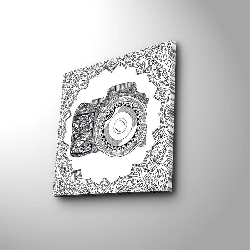 Canvastavla 45x45 cm - Detaljerad illustration av en kamera omgiven av ornamentala mönster - Svart / Vitt - Inredning - Tavlor & konst - Canvastavlor
