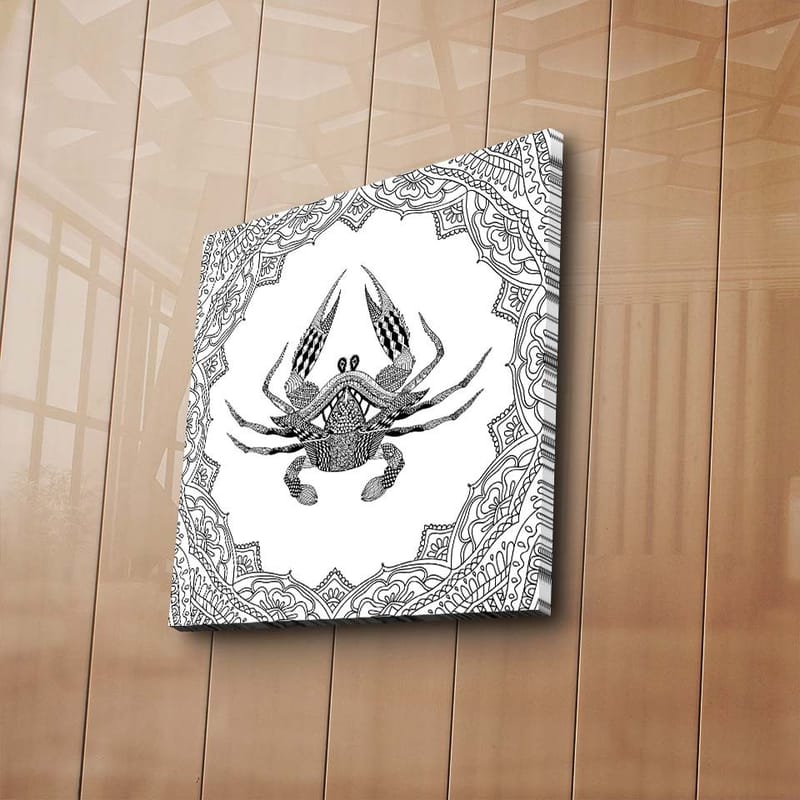 Canvastavla 45x45 cm - Detaljerad illustration av en krabba omgiven av ett mönstrat ramverk - Svart / Vitt - Inredning - Tavlor & konst - Canvastavlor