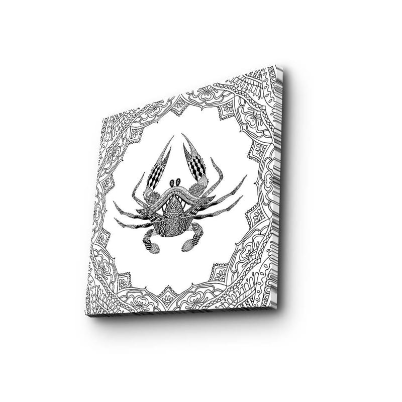 Canvastavla 45x45 cm - Detaljerad illustration av en krabba omgiven av ett mönstrat ramverk - Svart / Vitt - Inredning - Tavlor & konst - Canvastavlor