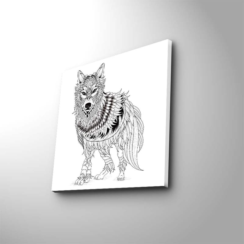 Canvastavla 45x45 cm - Detaljerad illustration av en varg med fjädrar och ornamentala mönster - Svart / Vitt - Inredning - Tavlor & konst - Canvastavlor