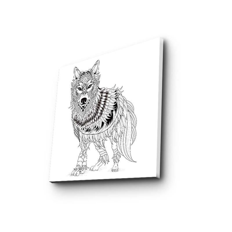 Canvastavla 45x45 cm - Detaljerad illustration av en varg med fjädrar och ornamentala mönster - Svart / Vitt - Inredning - Tavlor & konst - Canvastavlor