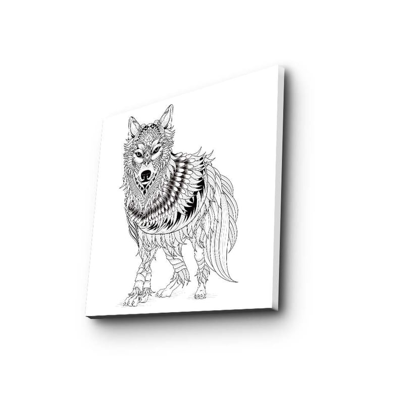 Canvastavla 45x45 cm - Detaljerad illustration av en varg med fjädrar och ornamentala mönster - Svart / Vitt - Inredning - Tavlor & konst - Canvastavlor