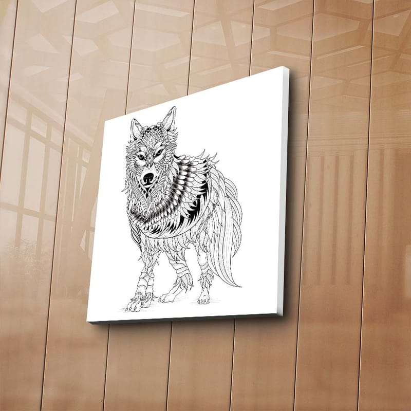 Canvastavla 45x45 cm - Detaljerad illustration av en varg med fjädrar och ornamentala mönster - Svart / Vitt - Inredning - Tavlor & konst - Canvastavlor