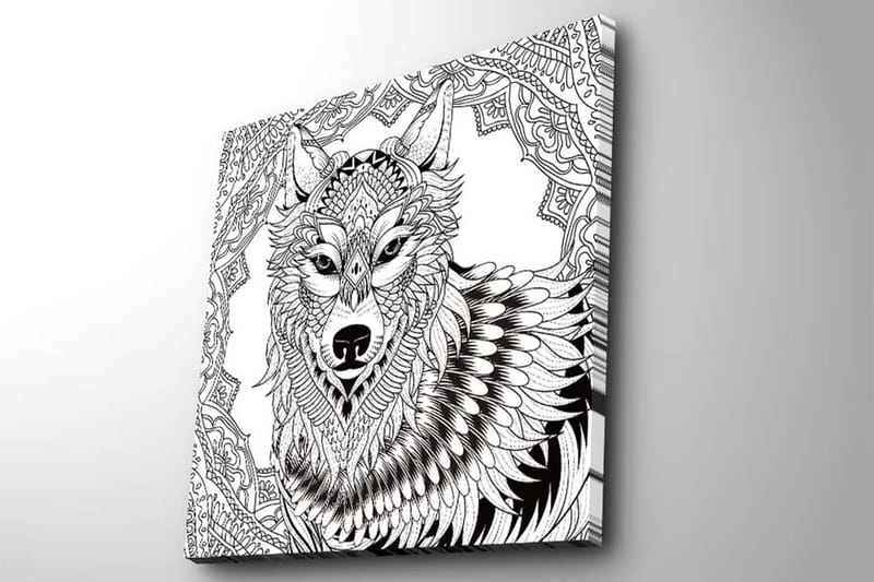 Canvastavla 45x45 cm - Detaljerad illustration av en varg med ornamentala mönster - Svart / Vitt - Inredning - Tavlor & konst - Canvastavlor