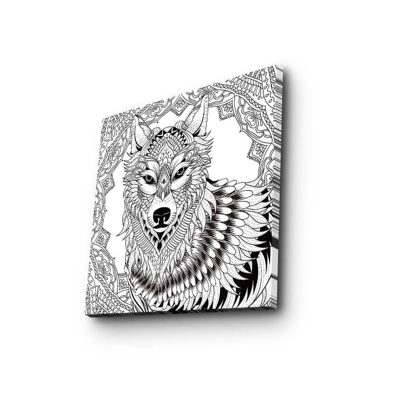 Canvastavla 45x45 cm - Detaljerad illustration av en varg med ornamentala mönster - Svart / Vitt - Inredning - Tavlor & konst - Canvastavlor
