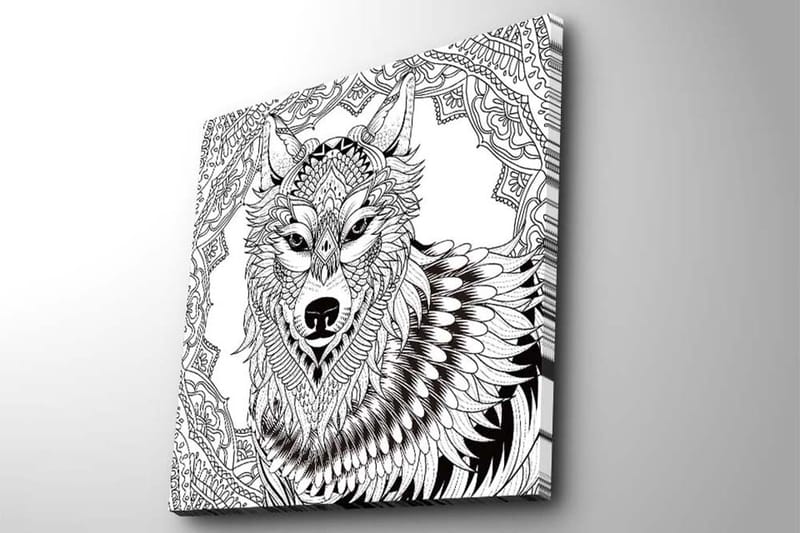 Canvastavla 45x45 cm - Detaljerad illustration av en varg med ornamentala mönster - Svart / Vitt - Inredning - Tavlor & konst - Canvastavlor