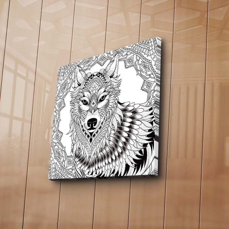 Canvastavla 45x45 cm - Detaljerad illustration av en varg med ornamentala mönster - Svart / Vitt - Inredning - Tavlor & konst - Canvastavlor