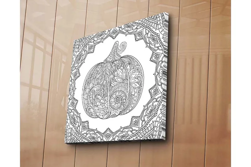 Canvastavla 45x45 cm - Detaljerad illustration av en pumpa omgiven av ornamentala mönster - Svart / Vitt - Inredning - Tavlor & konst - Canvastavlor