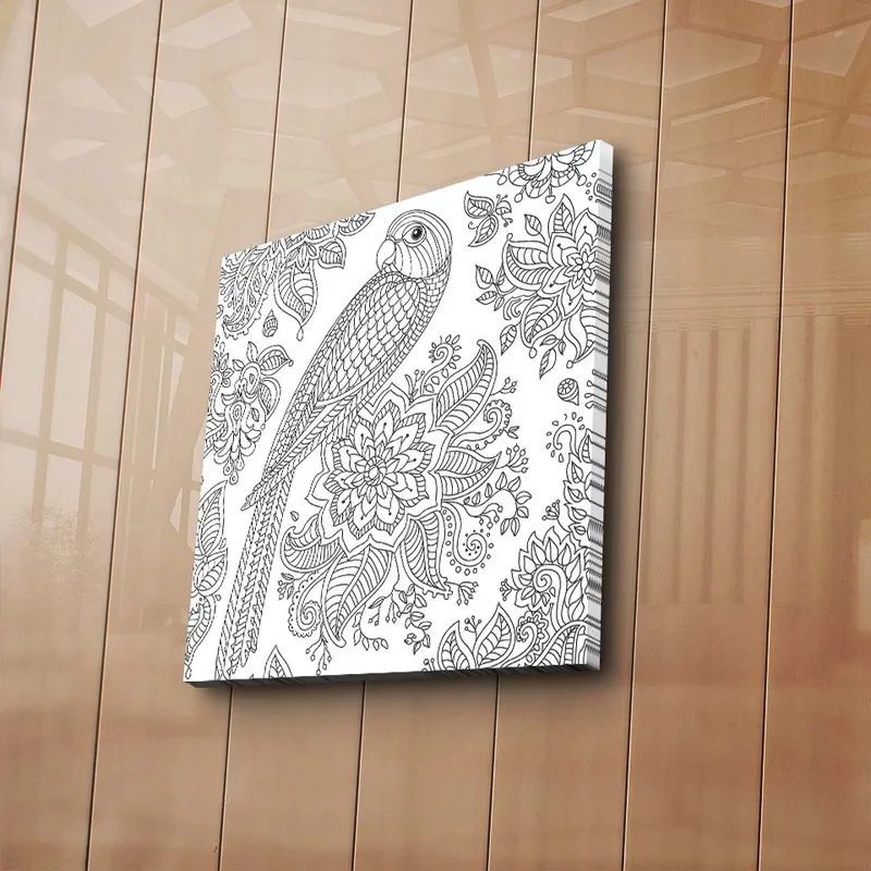 Canvastavla 45x45 cm - Detaljerad illustration av en papegoja omgiven av blommor och mönster, Svart / Vitt