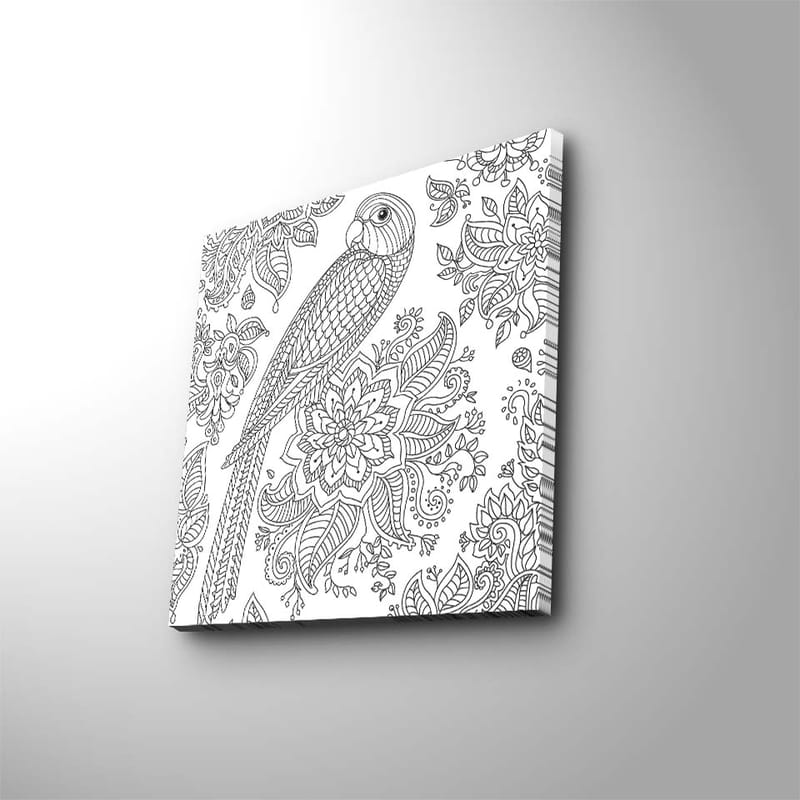 Canvastavla 45x45 cm - Detaljerad illustration av en papegoja omgiven av blommor och mönster - Svart / Vitt - Inredning - Tavlor & konst - Canvastavlor