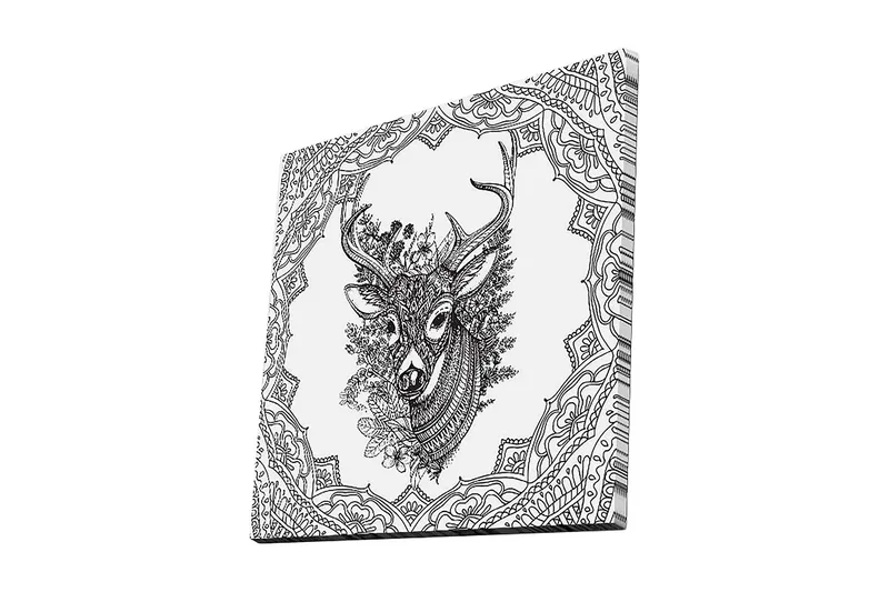 Canvastavla 45x45 cm - Detaljerad illustration av ett hjorthuvud omgiven av ornamentala mönster, Svart / Vitt