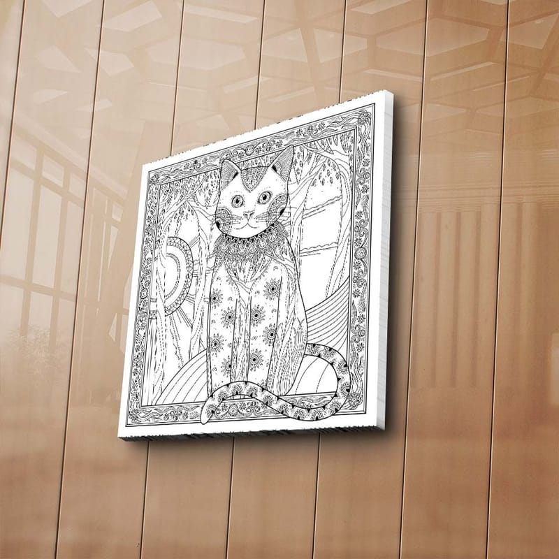 Canvastavla 45x45 cm - Detaljerad katt med mönster och ornamentik - Svart / Vitt - Inredning - Tavlor & konst - Canvastavlor