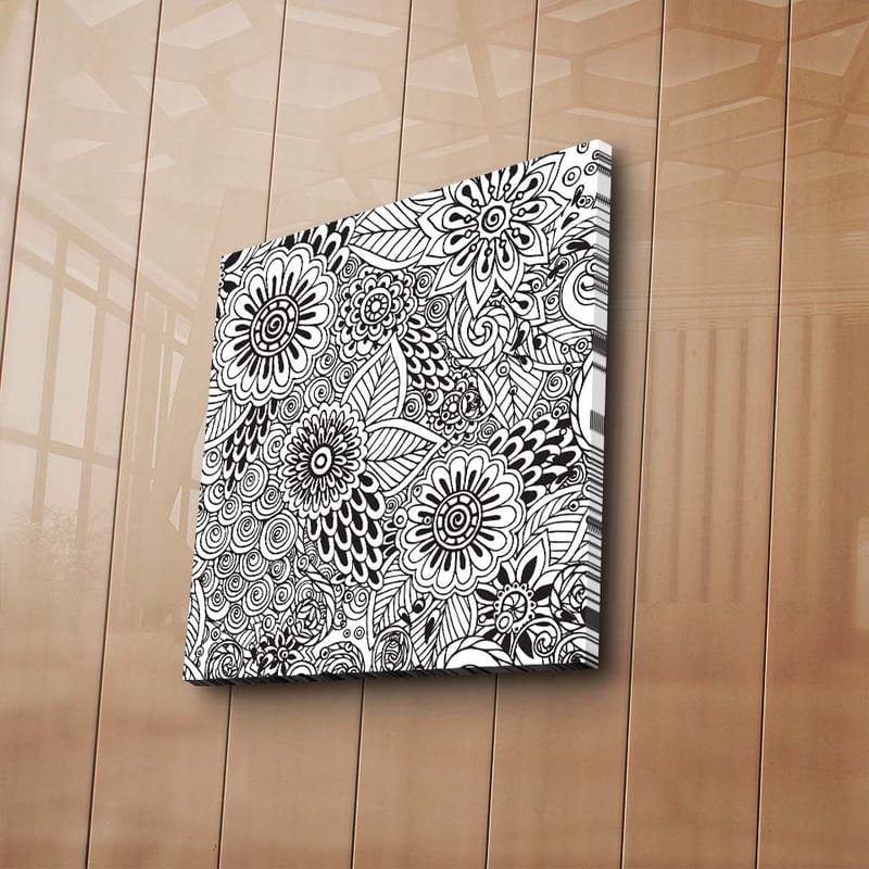 Canvastavla 45x45 cm - Detaljerad komposition av blommor och spiraler - Svart / Vitt - Inredning - Tavlor & konst - Canvastavlor