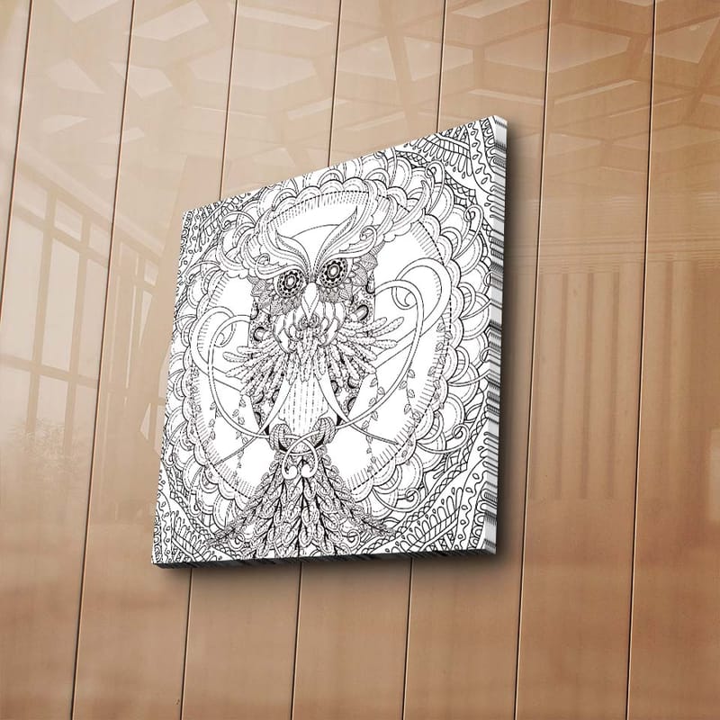 Canvastavla 45x45 cm - Detaljerad och stiliserad uggla omgiven av ornamentala mönster - Svart / Vitt - Inredning - Tavlor & konst - Canvastavlor