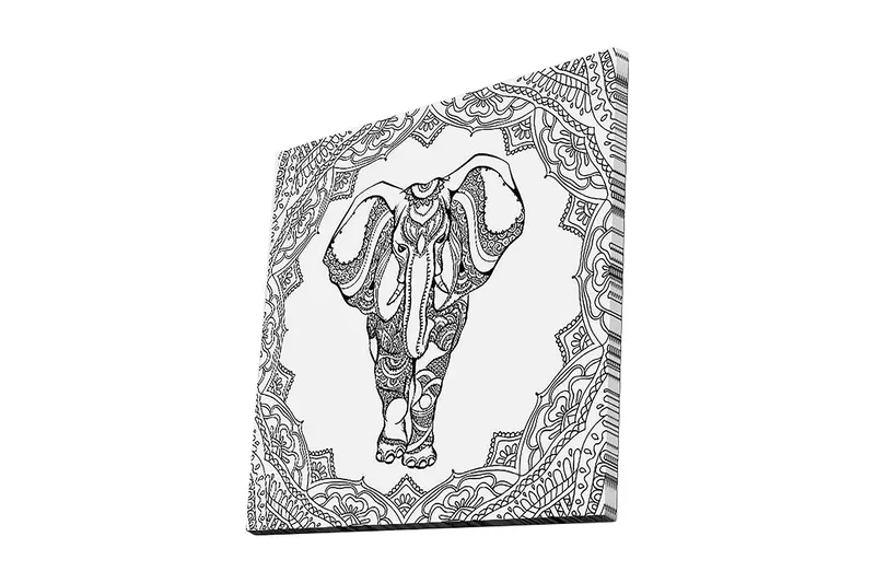 Canvastavla 45x45 cm - Detaljerad svartvit illustration av en elefant omgiven av ornamentala mönster, Svart / Vitt