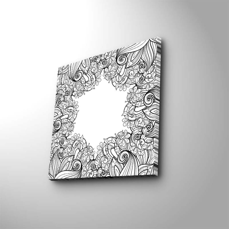 Canvastavla 45x45 cm - Detaljerad svartvit mönsterkomposition med blommor och svängda linjer - Svart / Vitt - Inredning - Tavlor & konst - Canvastavlor