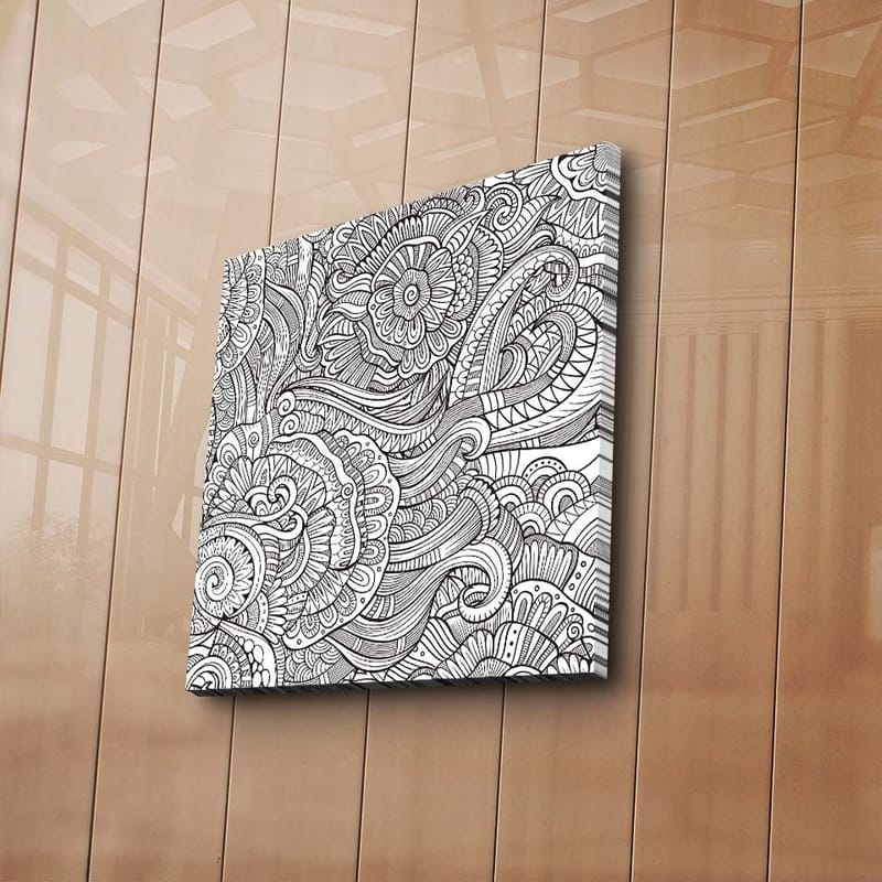 Canvastavla 45x45 cm - Detaljerad svartvit mönsterkomposition med blommor och svängda linjer - Svart / Vitt - Inredning - Tavlor & konst - Canvastavlor