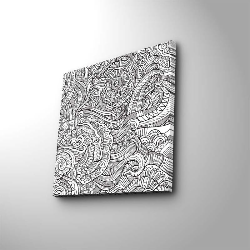 Canvastavla 45x45 cm - Detaljerad svartvit mönsterkomposition med blommor och svängda linjer - Svart / Vitt - Inredning - Tavlor & konst - Canvastavlor