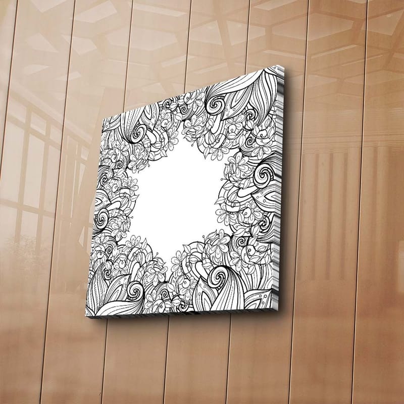 Canvastavla 45x45 cm - Detaljerad svartvit mönsterkomposition med blommor och svängda linjer - Svart / Vitt - Inredning - Tavlor & konst - Canvastavlor