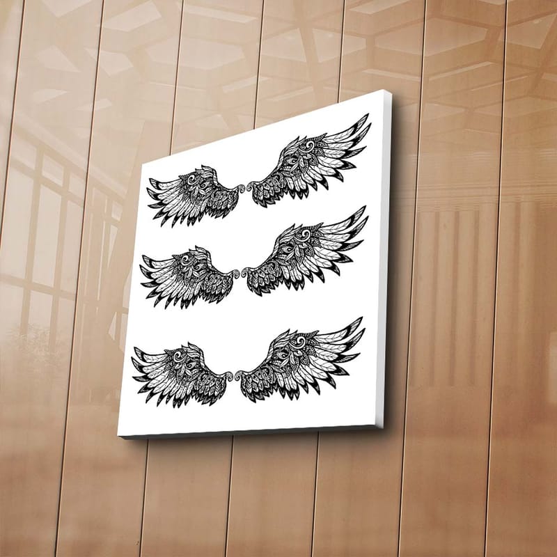 Canvastavla 45x45 cm - Detaljerade fjädrar i en symmetrisk komposition av vingar - Svart / Vitt - Inredning - Tavlor & konst - Canvastavlor