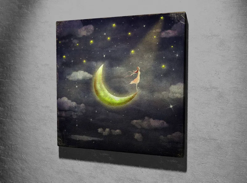 Canvastavla 45x45 cm - Drömlik scen med en kvinna som står på en måne i stjärnklara natten - Mörkblå / Grön / Vit - Inredning - Tavlor & konst - Canvastavlor