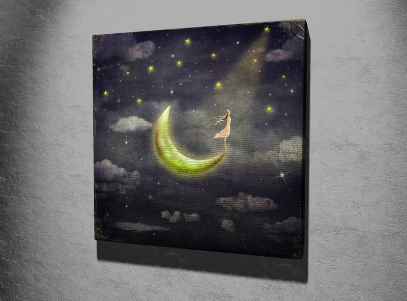 Canvastavla 45x45 cm - Drömlik scen med en kvinna som står på en måne i stjärnklara natten - Mörkblå / Grön / Vit - Inredning - Tavlor & konst - Canvastavlor