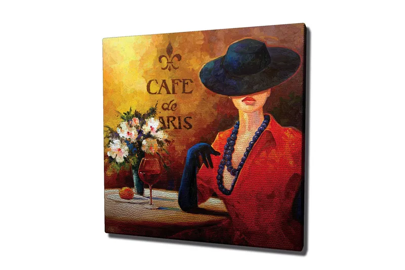 Canvastavla 45x45 cm - Elegant kvinna med hatt och röd klänning vid ett cafébord - Röd / Svart / Vit - Inredning - Tavlor & konst - Canvastavlor