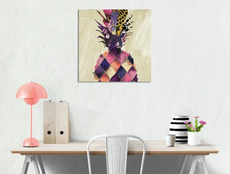 Canvastavla 45x45 cm - Färgglad ananas med geometriska mönster, Lila / Gul / Rosa