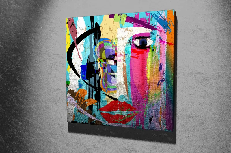 Canvastavla 45x45 cm - Färgglad ansiktsporträtt med abstrakta inslag - Blå / Rosa / Orange - Inredning - Tavlor & konst - Canvastavlor