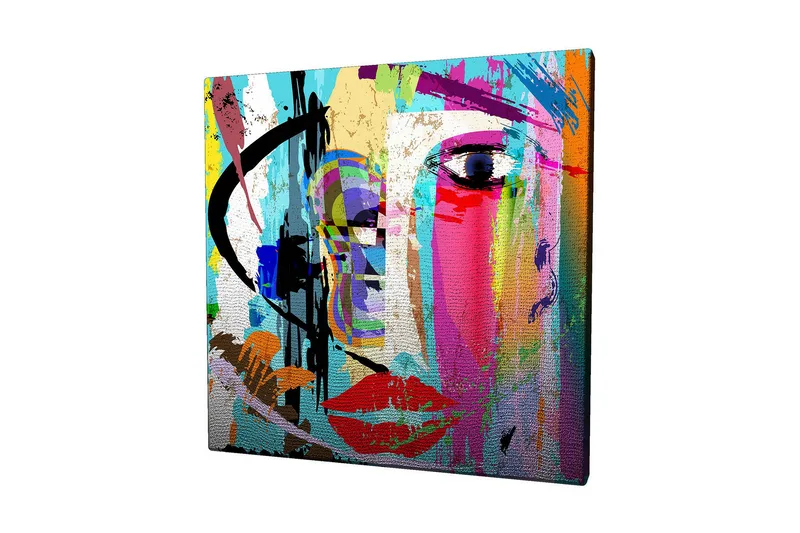 Canvastavla 45x45 cm - Färgglad ansiktsporträtt med abstrakta inslag - Blå / Rosa / Orange - Inredning - Tavlor & konst - Canvastavlor