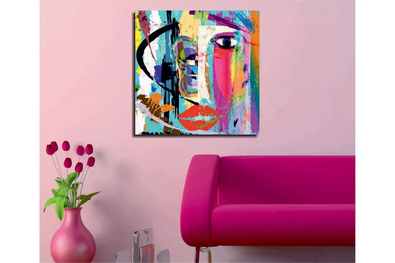 Canvastavla 45x45 cm - Färgglad ansiktsporträtt med abstrakta inslag - Blå / Rosa / Orange - Inredning - Tavlor & konst - Canvastavlor