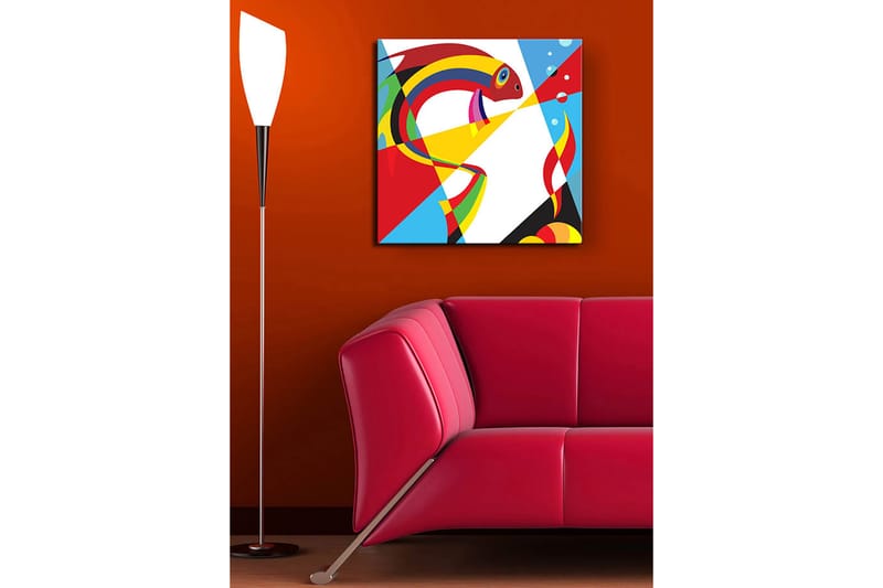 Canvastavla 45x45 cm - Färgglad fisk i abstrakt stil - Röd / Gul / Blå - Inredning - Tavlor & konst - Canvastavlor