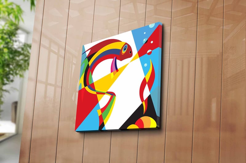 Canvastavla 45x45 cm - Färgglad fisk i abstrakt stil - Röd / Gul / Blå - Inredning - Tavlor & konst - Canvastavlor