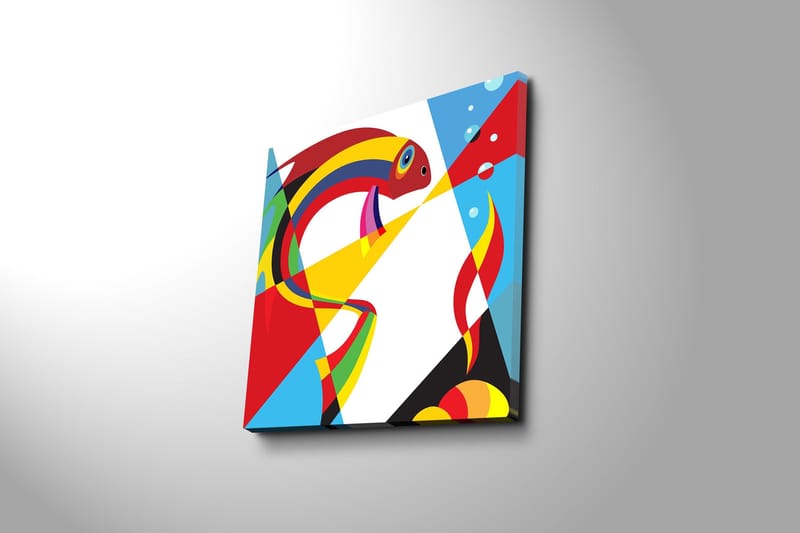 Canvastavla 45x45 cm - Färgglad fisk i abstrakt stil - Röd / Gul / Blå - Inredning - Tavlor & konst - Canvastavlor