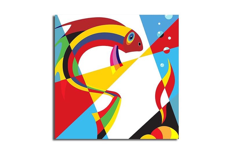 Canvastavla 45x45 cm - Färgglad fisk i abstrakt stil - Röd / Gul / Blå - Inredning - Tavlor & konst - Canvastavlor
