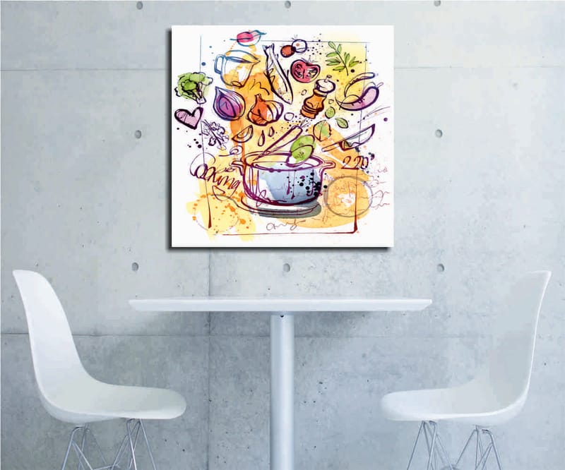 Canvastavla 45x45 cm - Färgglad komposition med köksredskap och grönsaker, Grön / Lila / Orange