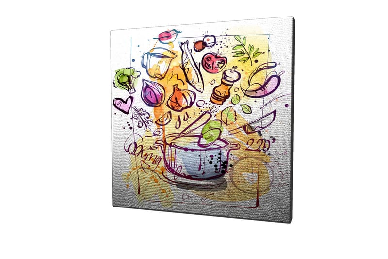 Canvastavla 45x45 cm - Färgglad komposition med köksredskap och grönsaker - Grön / Lila / Orange - Inredning - Tavlor & konst - Canvastavlor