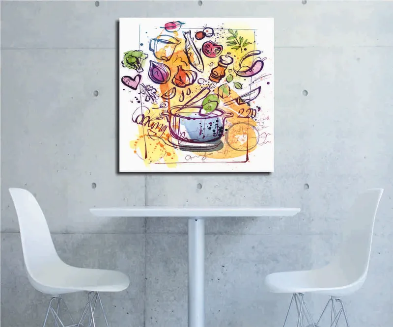 Canvastavla 45x45 cm - Färgglad komposition med köksredskap och grönsaker, Grön / Lila / Orange