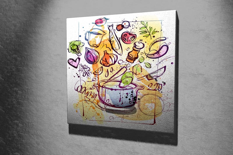 Canvastavla 45x45 cm - Färgglad komposition med köksredskap och grönsaker - Grön / Lila / Orange - Inredning - Tavlor & konst - Canvastavlor